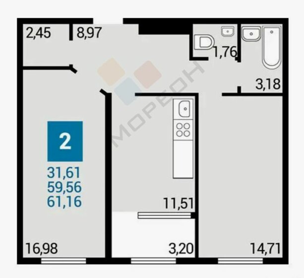 59,6 м², 2-комнатная квартира 8 400 000 ₽ - изображение 1