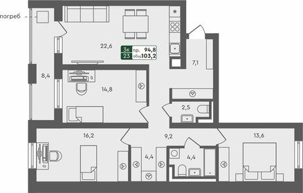 Квартира 103,2 м², 3-комнатная - изображение 1