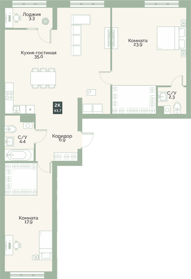 93,7 м², 2-комнатная квартира 9 182 600 ₽ - изображение 1