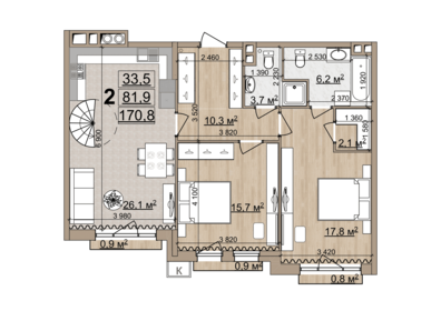 Квартира 170,8 м², 2-комнатная - изображение 1
