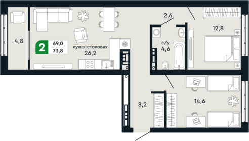 Квартира 73,8 м², 2-комнатная - изображение 1