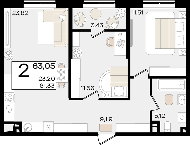 63,1 м², 2-комнатная квартира 16 985 670 ₽ - изображение 1