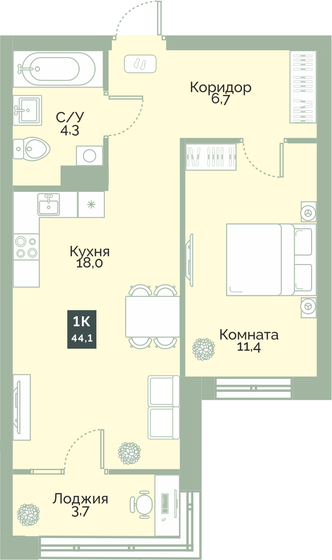 44,1 м², 1-комнатная квартира 3 895 000 ₽ - изображение 1
