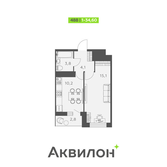 34,6 м², 1-комнатная квартира 6 470 487 ₽ - изображение 1