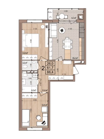 66,4 м², 2-комнатная квартира 6 853 350 ₽ - изображение 1