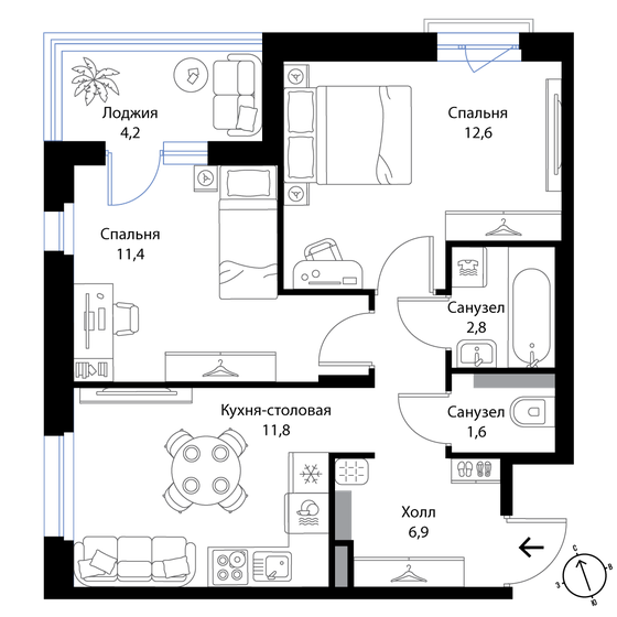 49,2 м², 2-комнатная квартира 8 831 400 ₽ - изображение 1