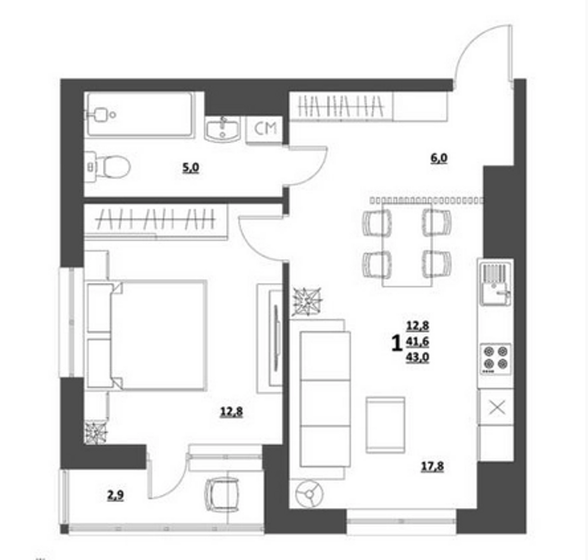 43 м², 1-комнатная квартира 6 365 500 ₽ - изображение 1