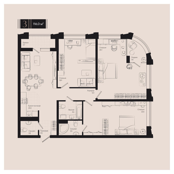 116 м², 3-комнатная квартира 17 411 600 ₽ - изображение 1