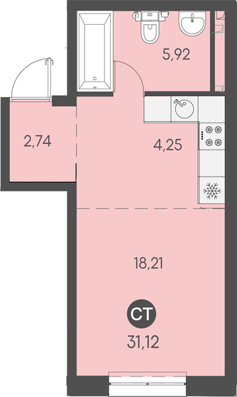 31,1 м², квартира-студия 5 757 200 ₽ - изображение 1