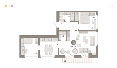 Квартира 74,5 м², 2-комнатная - изображение 1