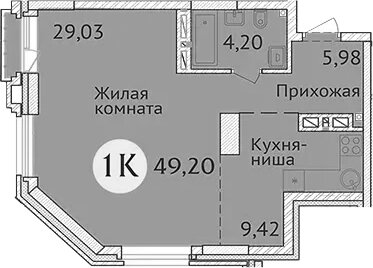 Квартира 49 м², 1-комнатная - изображение 1