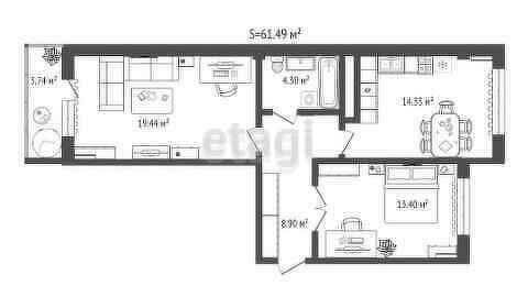 Квартира 65 м², 2-комнатная - изображение 1