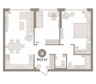 Квартира 64,4 м², 2-комнатная - изображение 1