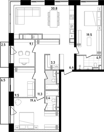 123,8 м², 3-комнатная квартира 88 439 376 ₽ - изображение 1