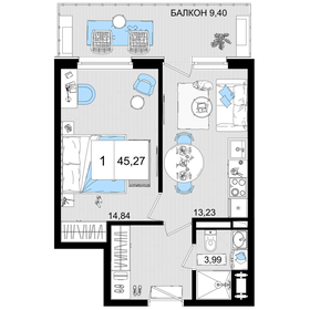 Квартира 45,3 м², 1-комнатные - изображение 1