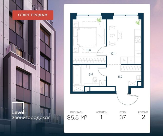 35,5 м², 1-комнатная квартира 16 745 370 ₽ - изображение 1