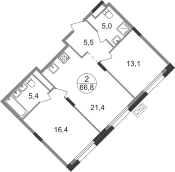 Квартира 66,8 м², 2-комнатная - изображение 1