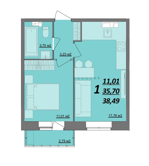 38,5 м², 1-комнатная квартира 3 387 120 ₽ - изображение 1