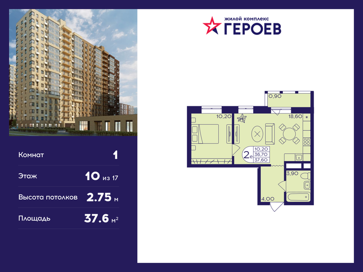 37,6 м², 1-комнатная квартира 6 666 480 ₽ - изображение 1