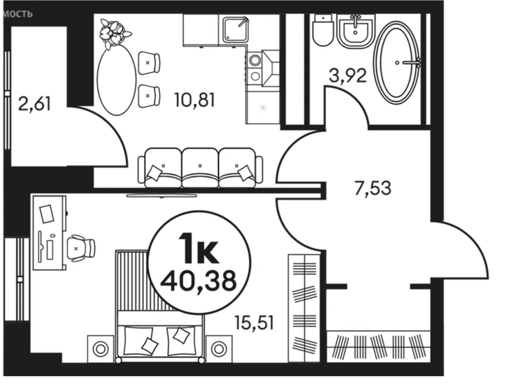 40,4 м², 1-комнатная квартира 5 500 000 ₽ - изображение 6