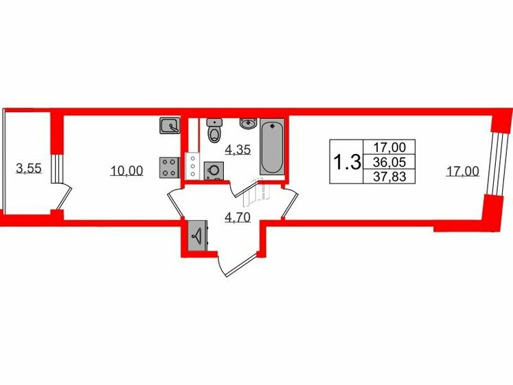 36,1 м², 1-комнатная квартира 8 500 168 ₽ - изображение 1