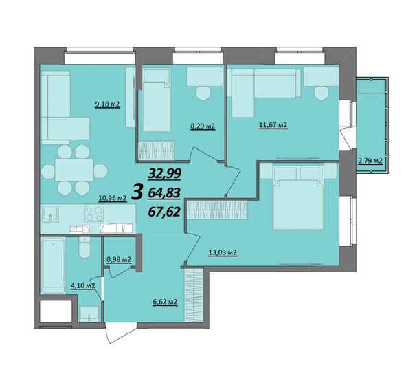 67,6 м², 3-комнатная квартира 5 680 080 ₽ - изображение 1