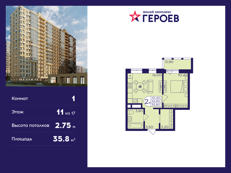 35,8 м², 1-комнатная квартира 6 547 820 ₽ - изображение 1