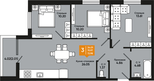 72,1 м², 3-комнатная квартира 7 060 900 ₽ - изображение 38