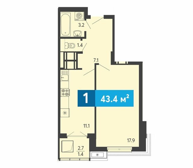 43,4 м², 1-комнатная квартира 4 625 500 ₽ - изображение 1