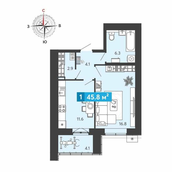 45,8 м², 1-комнатная квартира 4 213 130 ₽ - изображение 1