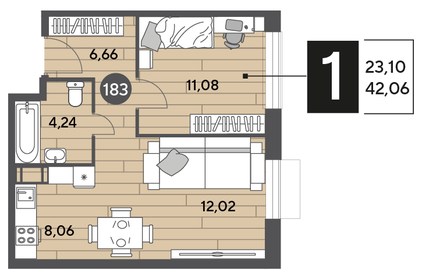 Квартира 42,1 м², 1-комнатная - изображение 1