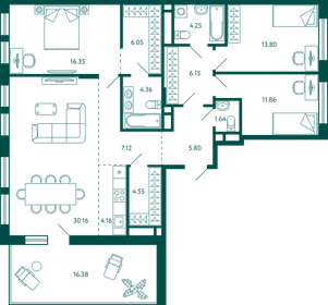 Квартира 121,2 м², 3-комнатная - изображение 1