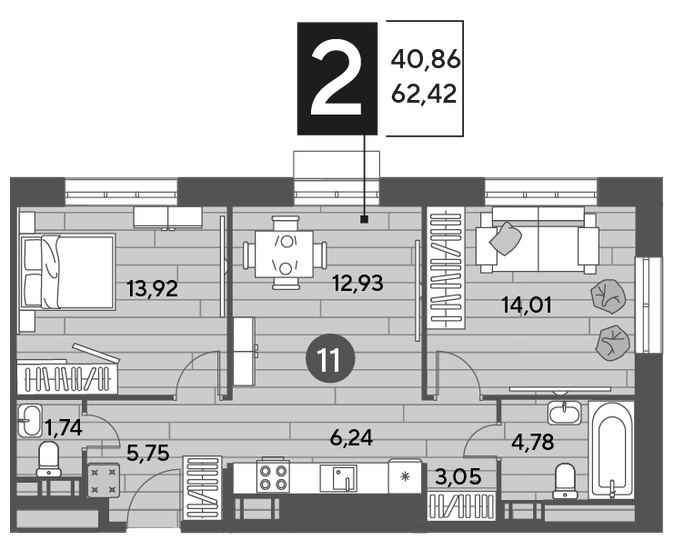 62,4 м², 2-комнатная квартира 8 926 060 ₽ - изображение 1