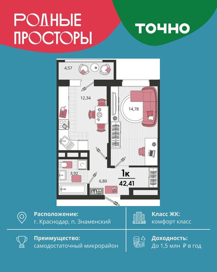 40 м², 1-комнатная квартира 4 700 000 ₽ - изображение 71