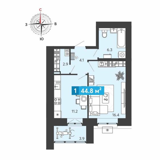 44,8 м², 1-комнатная квартира 4 036 470 ₽ - изображение 1