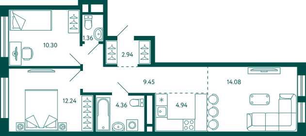 Квартира 59,7 м², 2-комнатная - изображение 1