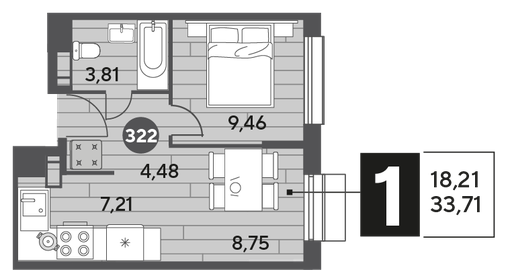 Квартира 33,7 м², 1-комнатная - изображение 1