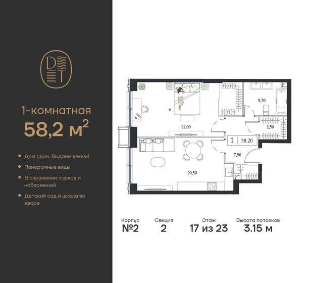 58,2 м², 1-комнатная квартира 29 016 528 ₽ - изображение 28