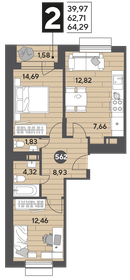 Квартира 64,3 м², 2-комнатная - изображение 1