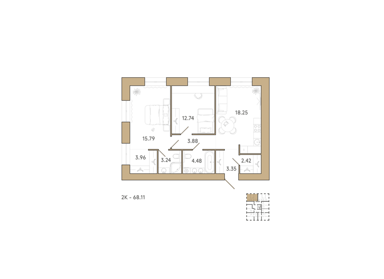 69,4 м², 2-комнатная квартира 8 748 180 ₽ - изображение 1