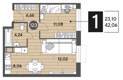 Квартира 42,1 м², 1-комнатная - изображение 1