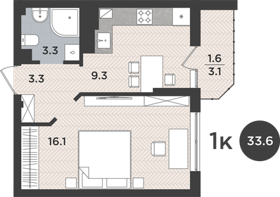 Квартира 33,6 м², 1-комнатная - изображение 1