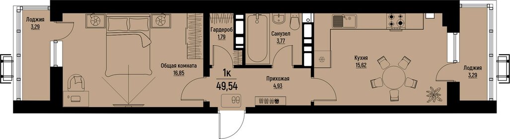 Квартира 49,5 м², 1-комнатная - изображение 1