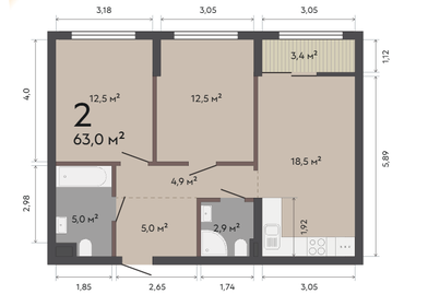 Квартира 63 м², 2-комнатная - изображение 1