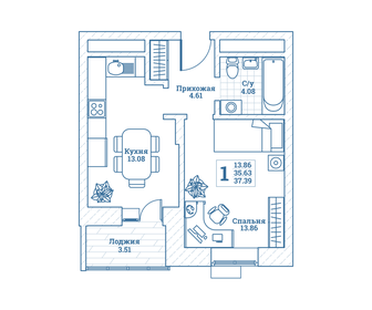 Квартира 37,4 м², 1-комнатная - изображение 1