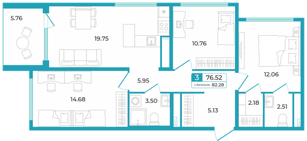 Квартира 76,5 м², 3-комнатная - изображение 1