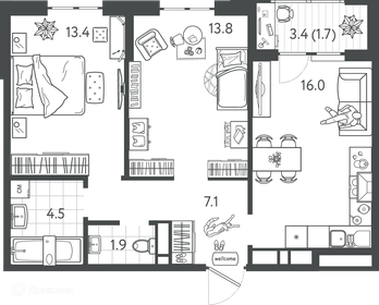 Квартира 58,4 м², 2-комнатная - изображение 1