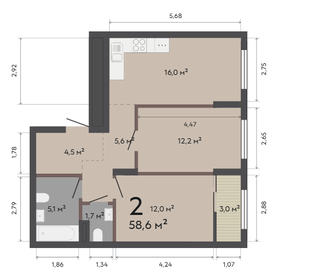 Квартира 58,6 м², 2-комнатная - изображение 1