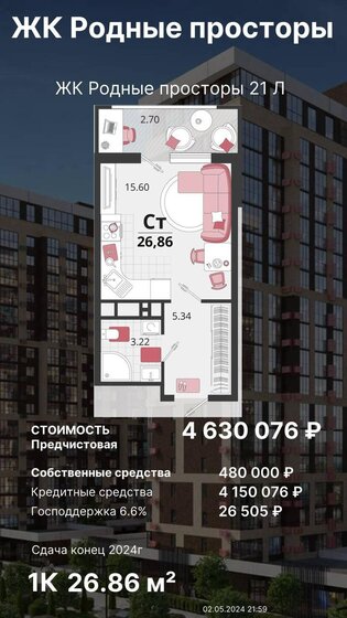 26,9 м², квартира-студия 4 630 076 ₽ - изображение 1