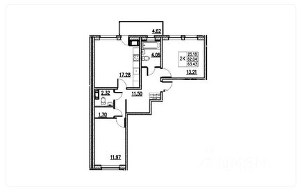 Квартира 63,4 м², 2-комнатная - изображение 1